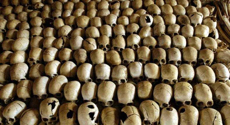 Skulls of victims of the Ntarama massacre during the 1994 genocide are lined in the Genocide Memorial Site church of Ntarama, in Nyamata on February 27, 2004