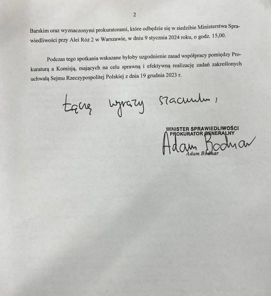 List ministra Adama Bodnara do przewodniczącego komisji śledczej Michała Szczerby.