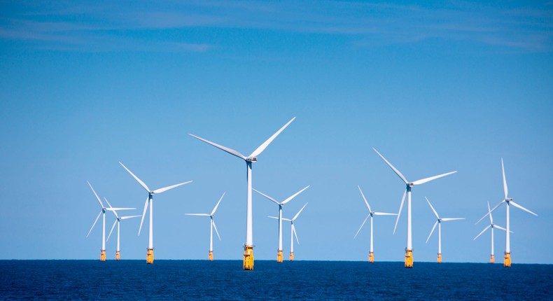 Wind turbines at London Array offshore wind park, North Sea, near England, United Kingdom.Getty Images