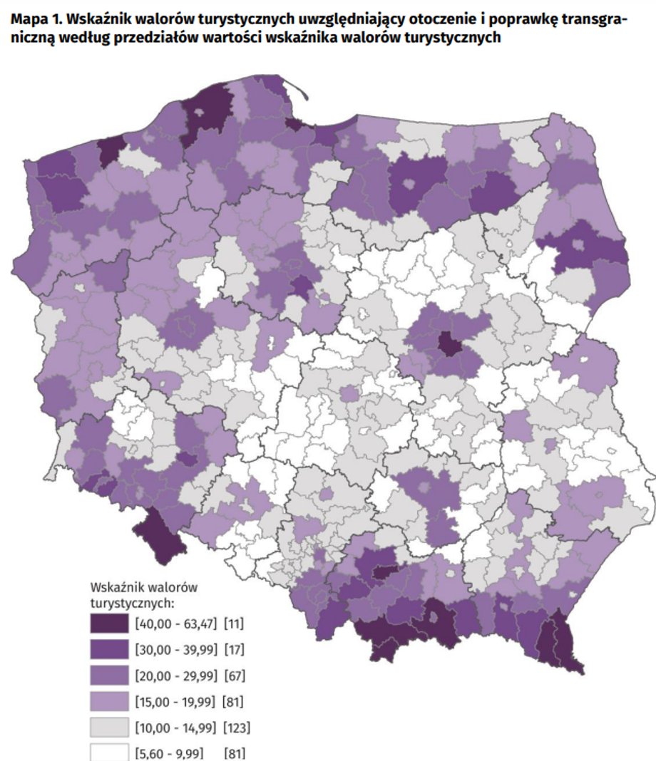 Tak wyglądają najatrakcyjniejsze turystycznie powiaty i miasta w Polsce. Im ciemniejszy kolor tym większa atrakcyjność.