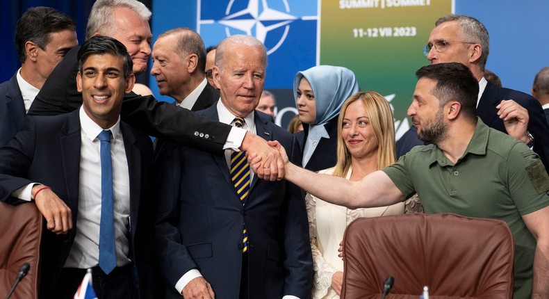 Ukraine's President Volodymyr Zelenskyy (r) alongside US President Joe Biden, British Prime Minister Rishi Sunak, and  Lithuania's President Gitanas Nauseda, at the NATO Summit in Vilnius, Lithuania, in July 2023.Doug Mills/Pool via AP