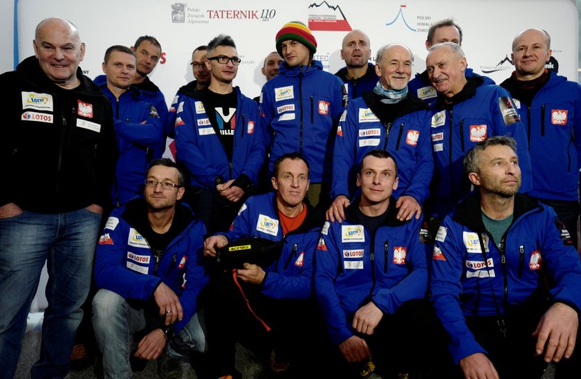 Polish mountaineers pose for a team photo prior their departure for the expedition to scale K2 in th