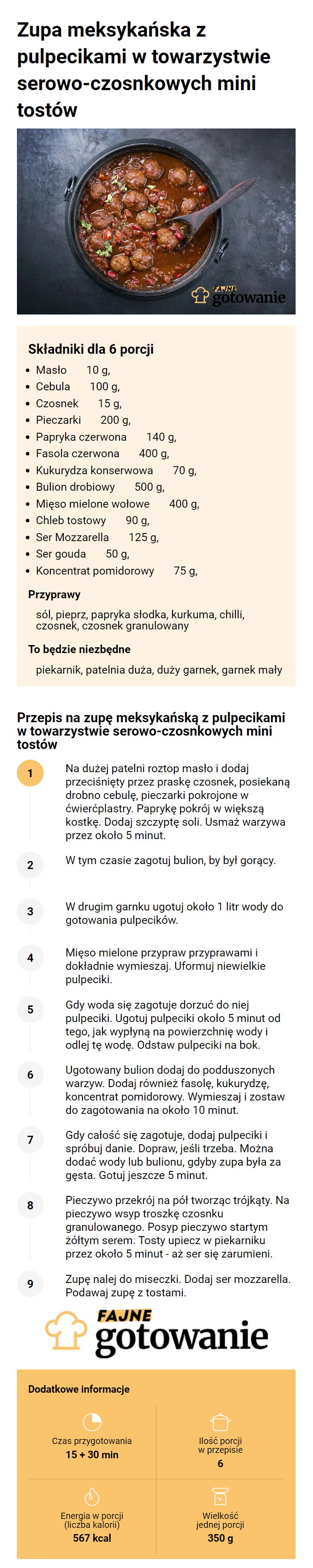 Zupa meksykańska z pulpecikami w towarzystwie serowo-czosnkowych mini tostów