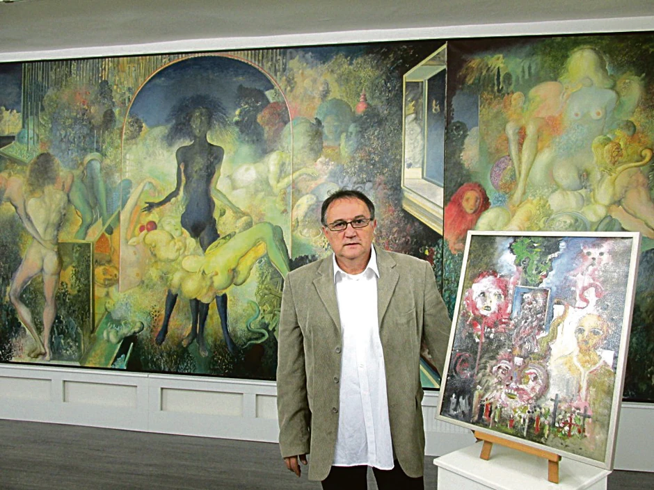 Moderna galerija Valjevo, direktor Vojislav Jovanović pored slike Ljube Popovića