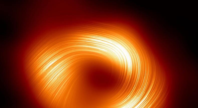 The Event Horizon Telescope's polarized view of Sagittarius A*. The lines mark the orientation of polarization, which is related to the magnetic field around the shadow of the black hole.EHT Collaboration