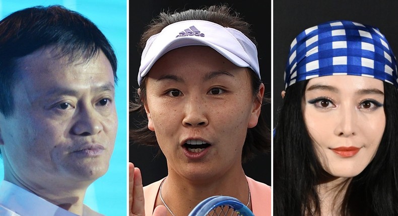 From left to right: Alibaba founder Jack Ma, the tennis player Peng Shuai, and the actor Fan Bingbing.