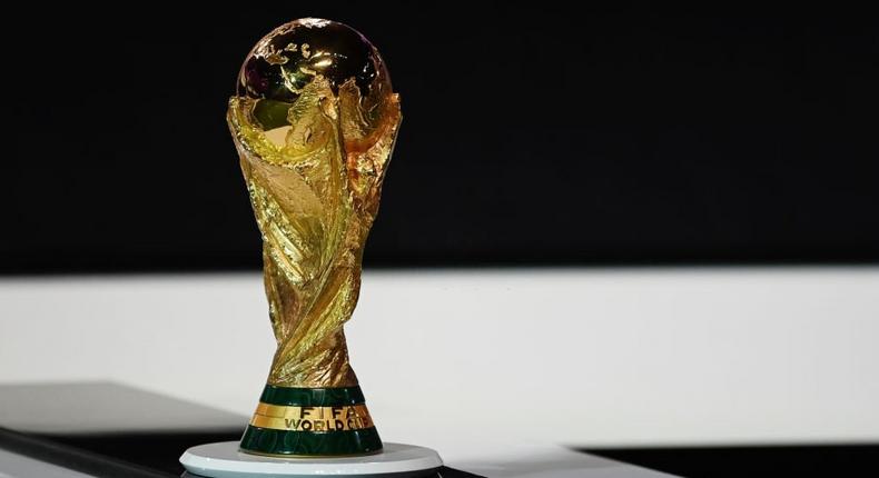 DOHA, QATAR - MARCH 31: The FIFA World Cup Trophy is pictured on display during the 72nd FIFA Congress at the Doha Exhibition and Convention Center on March 31, 2022 in Doha, Qatar. (Photo by Michael Regan - FIFA/FIFA via Getty Images)