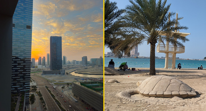 Z lewej: widok z mieszkania Agaty, z prawej: miejska plaża w Abu Zabi