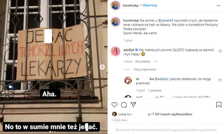 Komentarz Ady Fijał pod wpisem Karoliny Korwin Piotrowskiej na Instagramie