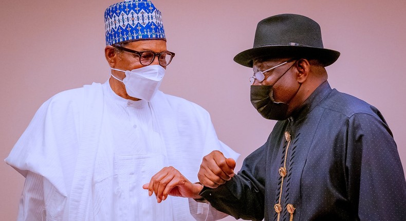 President Muhammadu Buhari (left) with former President Goodluck Jonathan (right) [Presidency]