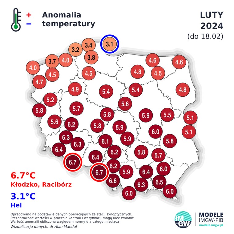 Anomalia temperatury w lutym (do 18.02)