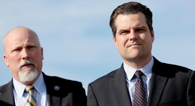 Republican Reps. Chip Roy of Texas (L) and Matt Gaetz of Florida (R) attend a press conference outside the US Capitol Building on March 8, 2022 in Washington, DC.Anna Moneymaker/Getty Images