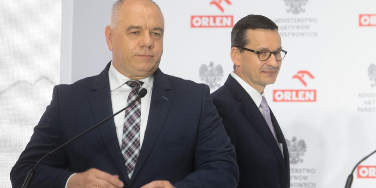 Minister Aktywów Państwowych Jacek Sasin i premier Mateusz Morawiecki. Górnicy apelują do rządu o poważne potraktowanie problemów górnictwa