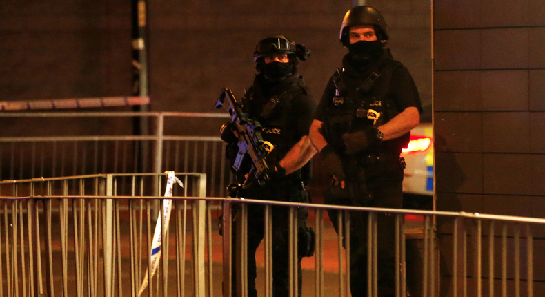 Police officers outside the Manchester Arena, where the American singer Ariana Grande had been performing, on May 23.