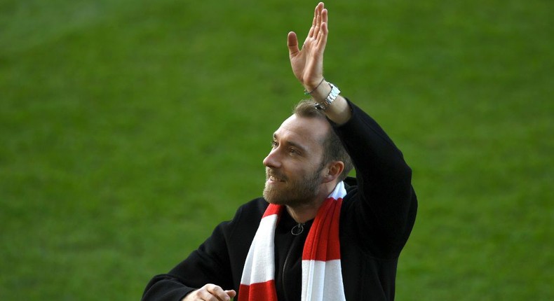 Danish midfielder Christian Eriksen waves to fans at Brentford Creator: Daniel LEAL