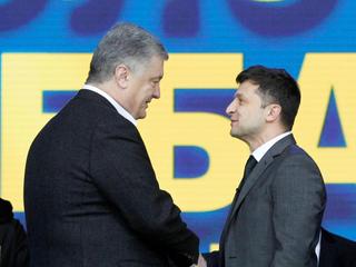 Petro Poroszenko i Wołodymyr Zełenski podczas debaty przed drugą turą wyborów. Kijów, 20 kwietnia 2019 r.