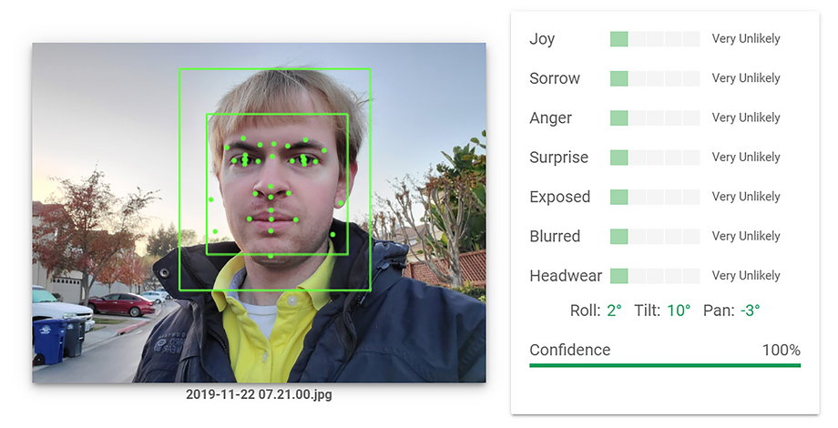 Przykład analizy twarzy za pomocą sztucznej inteligencji. Firmy EAI twierdzą, że ich technologia może określić, co ktoś czuje.