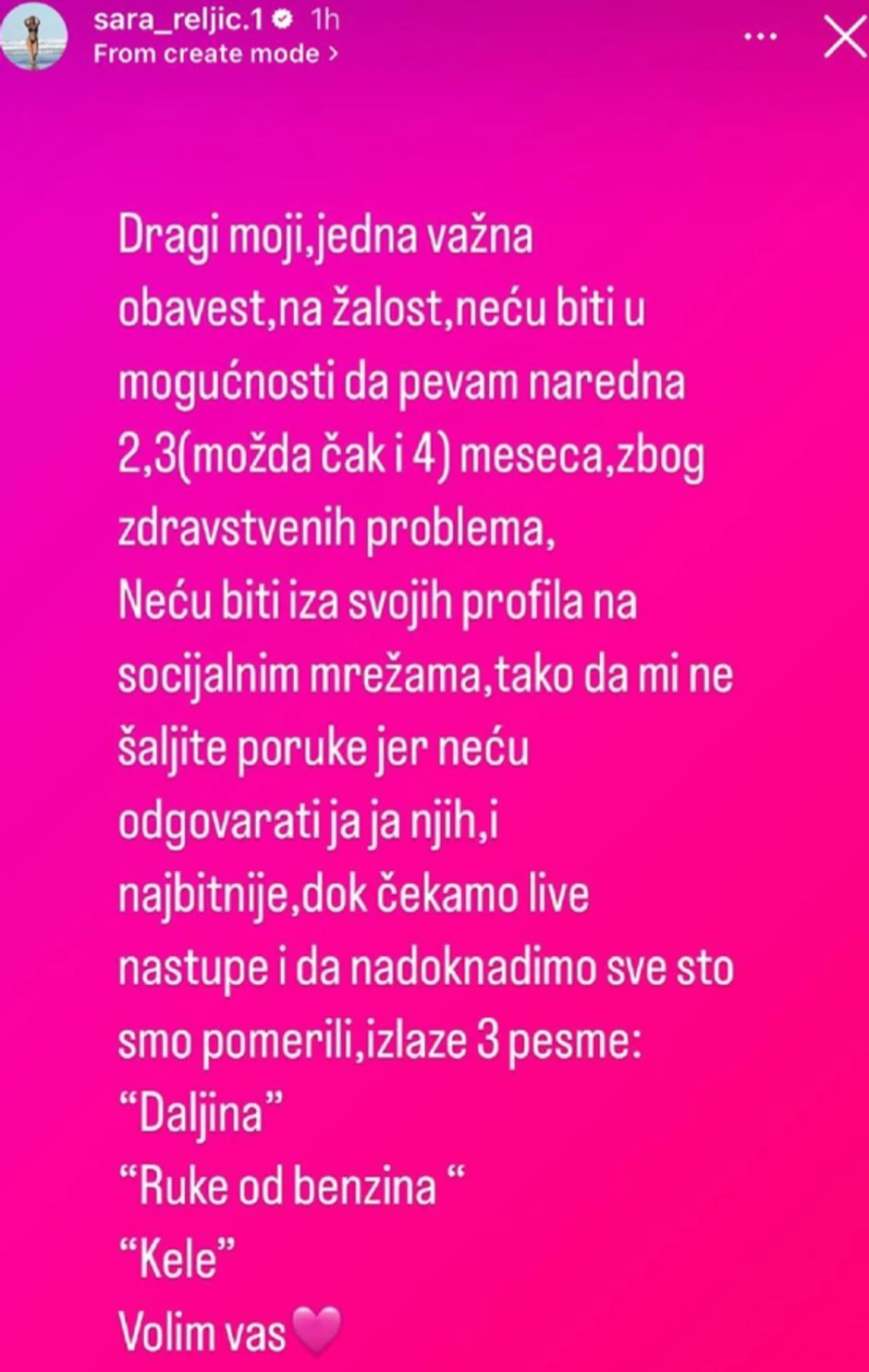 Sara Reljić objava