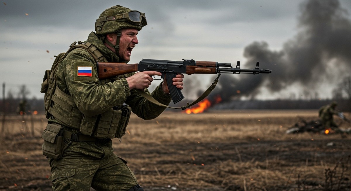 Russian,Modern,Soldier,Angry,Shoots,From,Kalashnikov,Assault,Rifle,,Runs