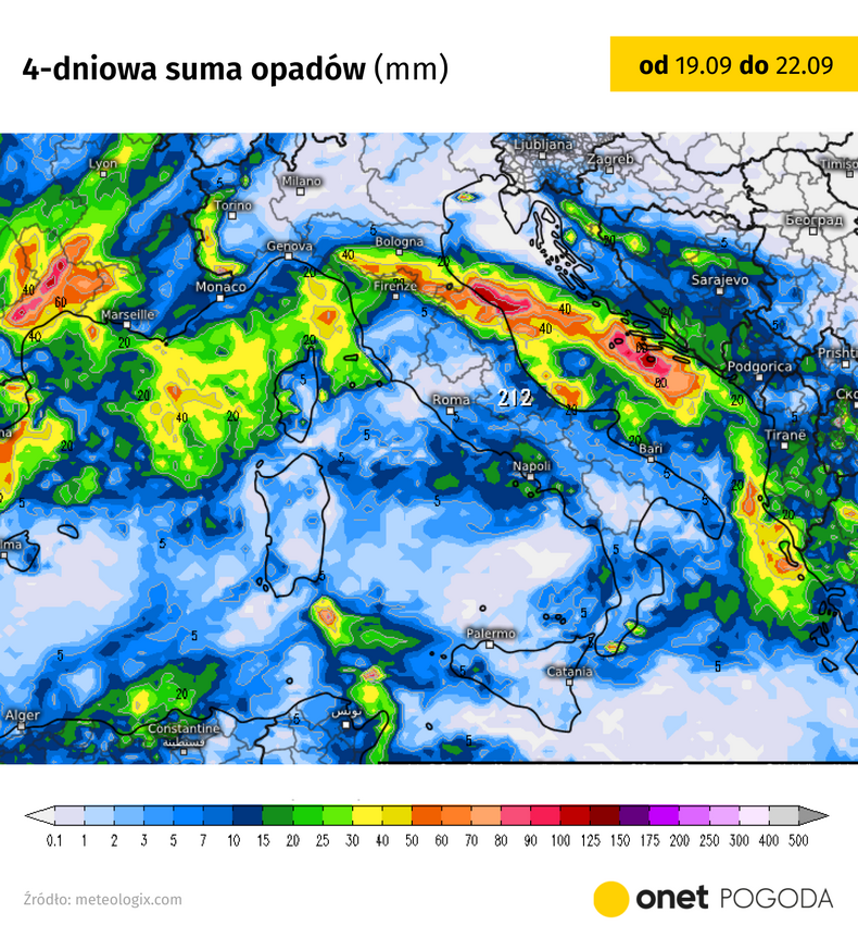Prognozowana suma opadów na południu Europy do końca tygodnia