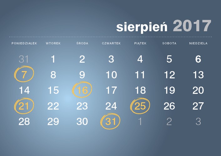 <strong>7 sierpnia 2017 roku</strong>
<br><br> Termin złożenia deklaracji CIT-7 <br><br>
<br><br> Termin przekazania przez płatnika, o którym mowa w art. 26 ust 1 CIT, pobranego zryczałtowanego podatku<br><br> 
<br><br> Termin przekazania przez płatnika podatku od należności wypłaconych osobom niemającym w RP miejsca zamieszkania/siedziby z tytułu art. 21 ust 1 i art. 22 ust 1 CIT   <br><br>
<br><br> Termin płatności podatku w formie karty podatkowej  <br><br>
<br><br> Termin wpłaty pobranego przez płatnika podatku PCC, SD<br><br>
<br><br> Termin złożenia przez płatnika deklaracji: PCC-2, SD-2<br><br> 

<strong>16 sierpnia 2017 roku</strong>
<br><br>VAT-UE (nie dotyczy podatników składających VAT-UE w formie elektronicznej <br><br> 

<strong>21 sierpnia 2017 roku</strong>
<br><br>Termin złożenia informacji CIT-ST <br><br> 
<br><br> Termin płatności zaliczki CIT <br><br> 
<br><br>Termin płatności zaliczki CIT w formie uproszczonej <br><br>
<br><br> Termin płatności zaliczki PIT wg skali podatkowej<br><br> 
<br><br> Termin płatności zaliczki PIT podatek liniowy<br><br> 
<br><br> Termin płatności zaliczki PIT w formie uproszczonej<br><br> 
<br><br> Termin płatności zaliczki PIT przez podatników uzyskujących dochody bez pośrednictwa płatnika<br><br> 
<br><br> Termin płatności ryczałtu od przychodów ewidencjonowanych<br><br> 
<br><br> Termin wpłaty pobranych przez płatnika zaliczek PIT i zryczałtowanego podatku PIT od kwot wypłaconych<br><br>
 
<strong>25 sierpnia 2017 roku</strong>
<br><br>Termin złożenia informacji VAT-27<br><br>
<br><br> Termin złożenia deklaracji VAT-7<br><br> 
<br><br> Termin złożenia deklaracji VAT-8 - przy wewnątrzwspólnotowym nabyciu powyżej 10000 Euro<br><br> 
<br><br> Termin złożenia deklaracji VAT-9M<br><br> 
<br><br> Termin złożenia deklaracji VAT-12 w zakresie usług taksówek osobowych opodatkowanych w formie ryczałtu<br><br> 
<br><br> Termin złożenia deklaracji VAT-13 - rozliczenie transakcji wewnątrzwspólnotowych dostaw towarów podatników, którego dokonuje przedstawiciel podatkowy w imieniu własnym i na rzecz podatników<br><br>
<br><br> Termin płatności podatku VAT<br><br> 
<br><br>Termin płatności zaliczek na podatek VAT za pierwszy oraz za drugi miesiąc kwartału na podstawie art. 103 ust. 2a VAT <br><br> 
<br><br>Termin złożenia deklaracji VAT-UE WYŁĄCZNIE drogą elektroniczną <br><br> 
<strong>31 sierpnia 2017 roku</strong>
<br><br>Termin złożenia deklaracji VAT-11 - osoby fizyczne, osoby prawne lub jednostki organizacyjne niemające osobowości prawnej, niebędące podatnikami VAT i niemające obowiązku składania deklaracji VAT-7, VAT-7K lub VAT-7D, dokonujące WDT nowego środka transportu<br><br>