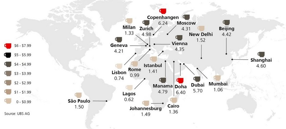 Cena filiżanki kawy w różnych miastach