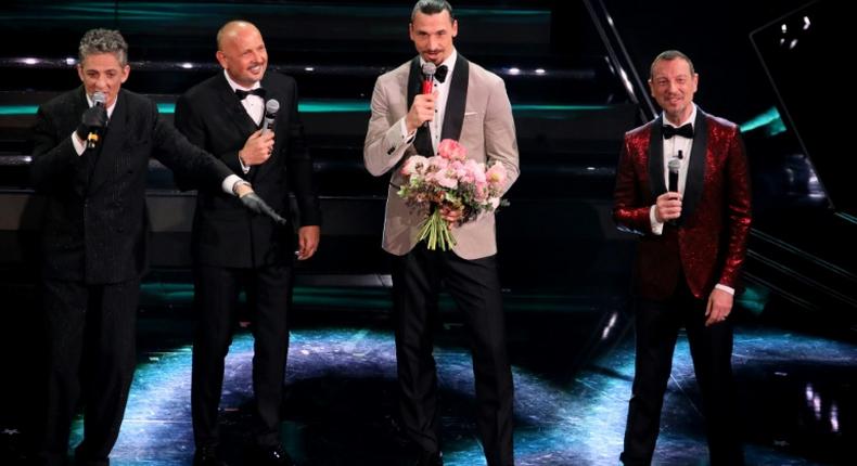 AC Milan star Zlatan Ibrahimovic (2nd from right) and Bologna coach Sinisa Mihajlovic (2nd from left) team up for a duet at the Sanremo 2021 music festival