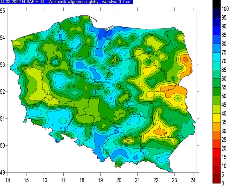 Wilgotność gleby 14 marca (poziom 0-7 cm)