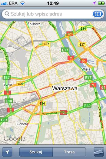 Ruch uliczny w Mapach Google dla iPhona 