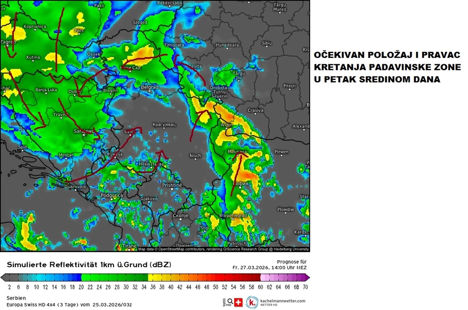 Kretanje padavinske zone u petak