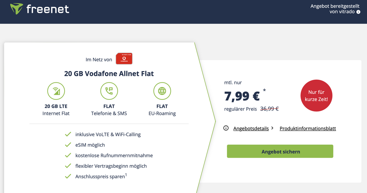 Savings: 20 GB on the Vodafone community for 7.99 euros on Freenet