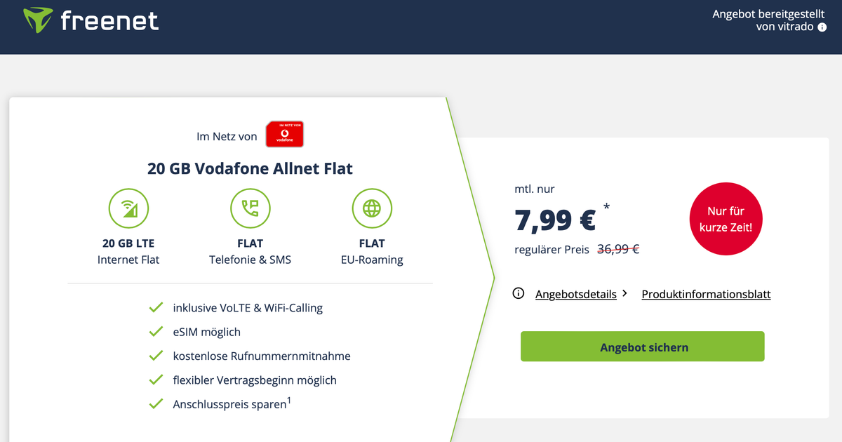 Tasarruf tarifesi: Vodafone ağında 20 GB, Freenet'te 7,99 Euro