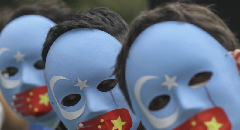 Activists hold a demonstration against China's policies towards Uyghur Muslims in Jakarta, Indonesia on January 4, 2021.