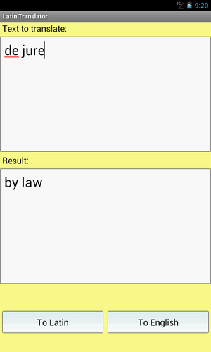 <strong>Łaciński słownik</strong>
<br><br>
Ta bezpłatna aplikacja jest w stanie przetłumaczyć słowa i teksty z angielskiego (lub polskiego) na łacinę i odwrotnie.