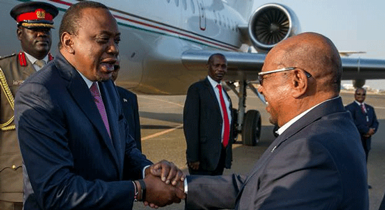 President Uhuru Kenyatta is welcomed by Sudanese President Omar Bashir in 2016.