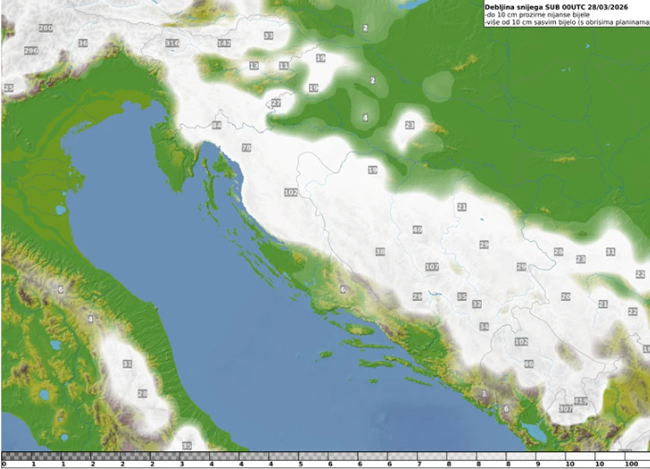 Prognozirana akumulacija snijega na tlu do subote 28. marta 2026.  Izvor: ECMWF/DHMZ