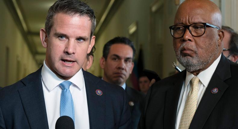 Rep. Adam Kinzinger (R-Illinois) answers a question from the media next to Rep. Bennie Thompson (D-Mississippi) with Rep. Pete Aguilar (D-California) at center, after the first hearing of the House Select committee to investigate the January 6 riot.
