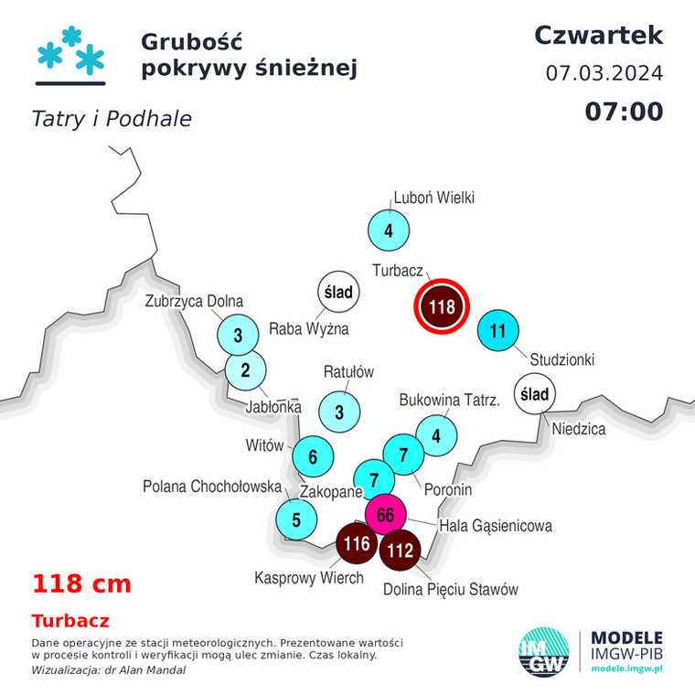 Mapa przedstawiająca pokrywę śnieżną na Podhalu