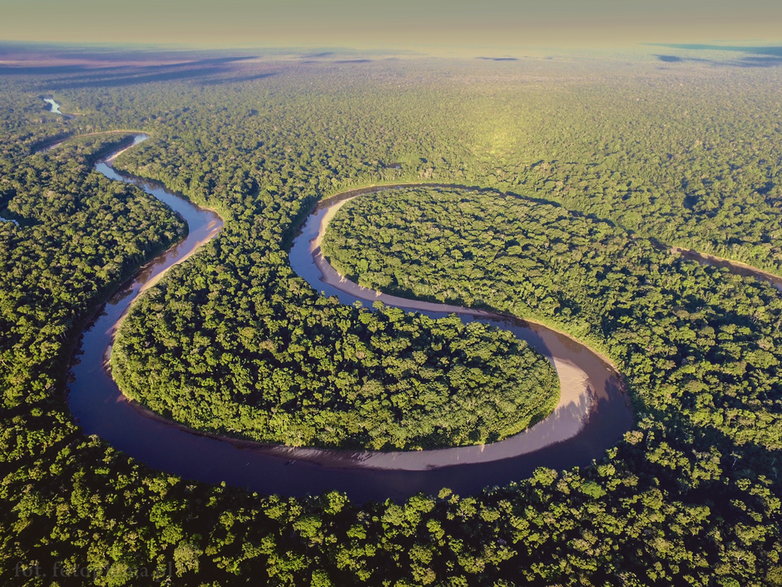 Sfotografowane z drona meandry Rio Heath, nad którą obozowaliśmy w dżungli 