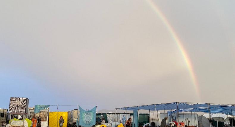 A rainbow formed over a muddy Burning Man.Veloci-crafter