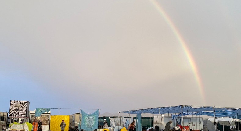 A rainbow formed over a muddy Burning Man.Veloci-crafter