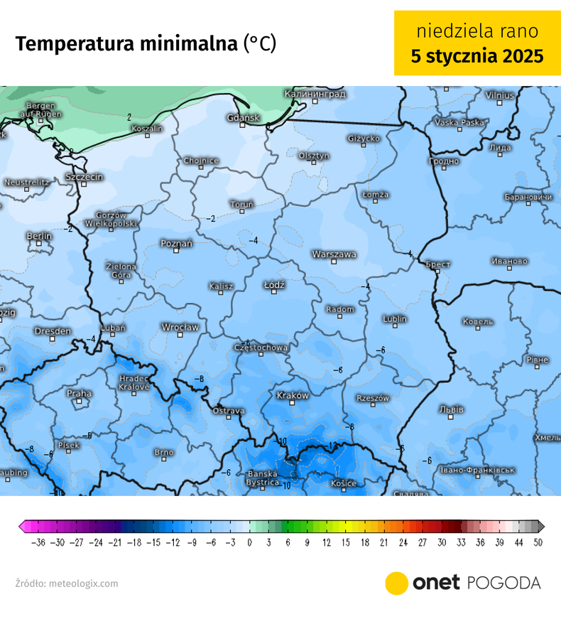 W niedzielę rano na krańcach południowych temperatura może spaść poniżej -10 st. C