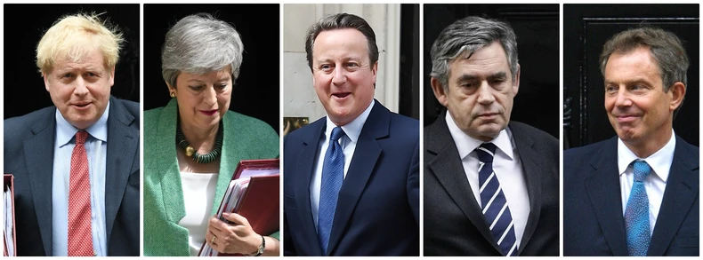 Britanski premijeri (L-D) Boris Džonson, Tereza Mej, Dejvid Kameron, Gordon Braun i Toni Bler
