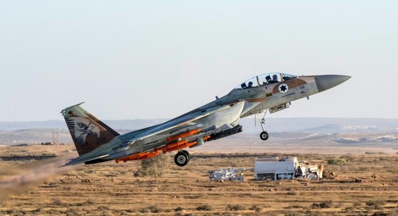 An Israeli F-15 fighter jet takes off from Hatzerim airbase in the Negev desert on June 29, 2017