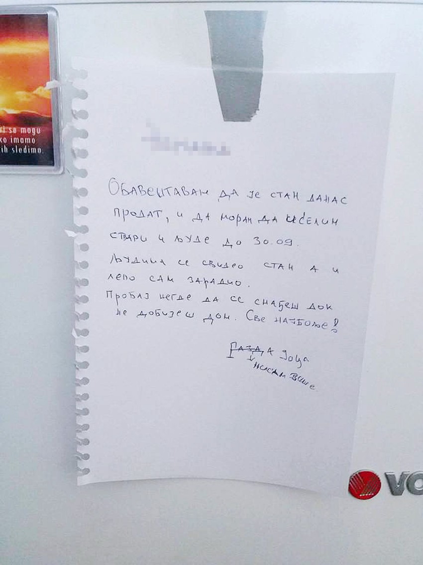 poruka na frizideru, izbacivanje iz stana