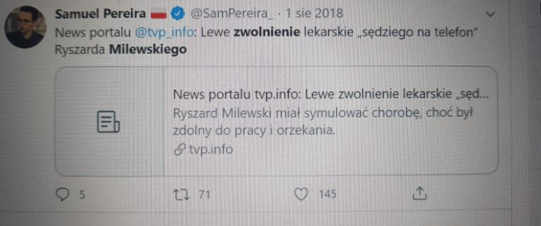 Screen z Twittera Samuela Pereiry 