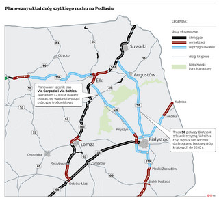 Planowany układ dróg szybkiego ruchu na Podlasiu