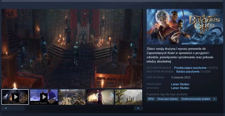 Baldur's Gate III z przytłaczająco pozytywnymi recenzjami na Steamie