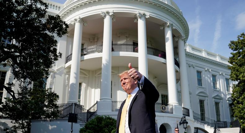 U.S. President Donald Trump gives a thumbs up to his audience as he hosts Take Our Daughters and Sons to Work Day at the White House in Washington, U.S., April 25, 2019. REUTERS/Kevin Lamarque