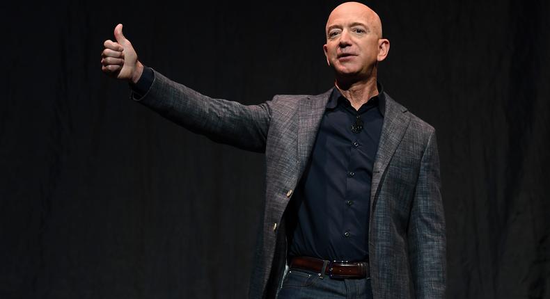 Amazon founder Jeff Bezos gives a thumbs up as he speaks during an event about Blue Origin's space exploration plans in 2019.